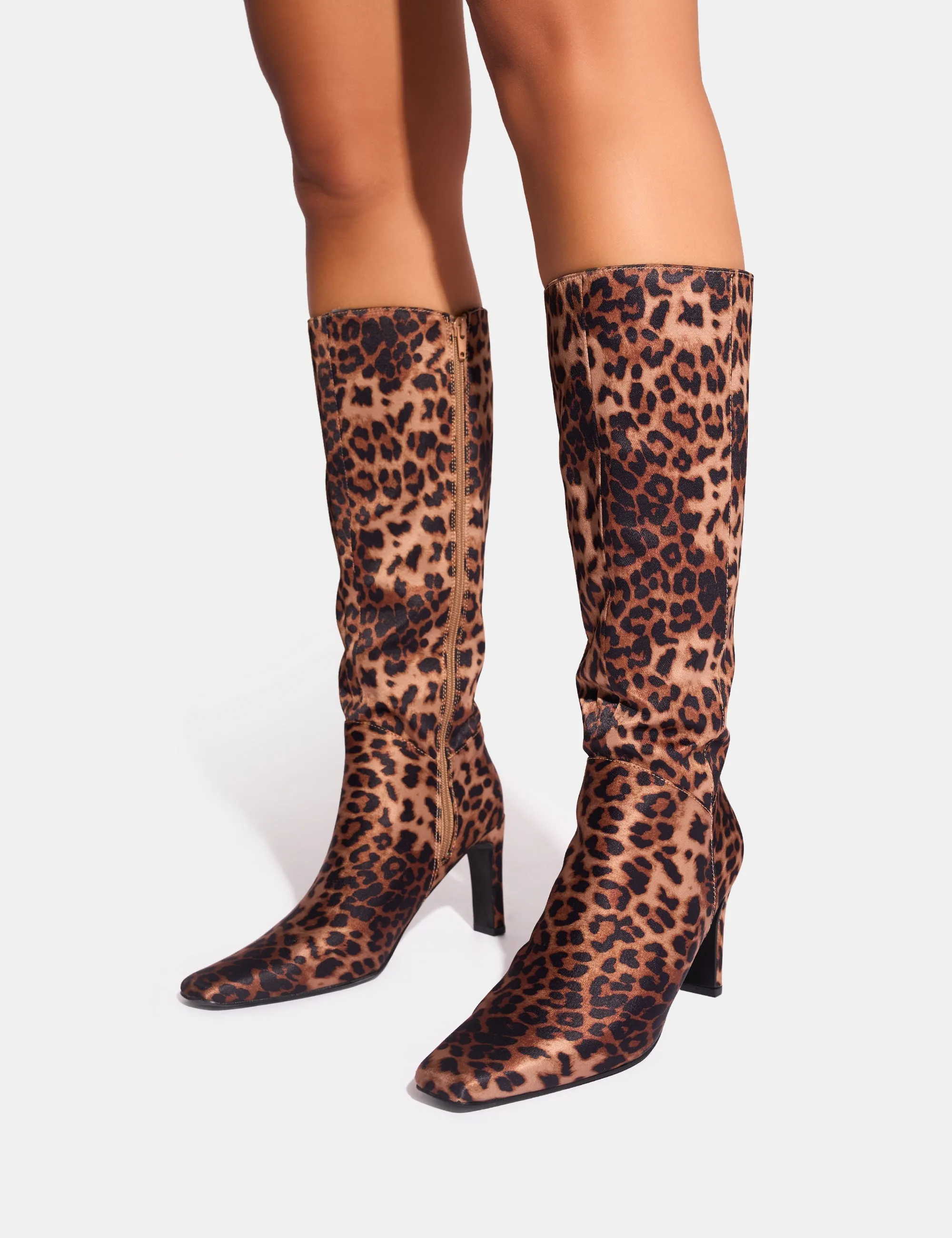 Knee High Logo Boots Pose Leopard Wide Fit Zip Up Knee High Slim Block Heeled Boots