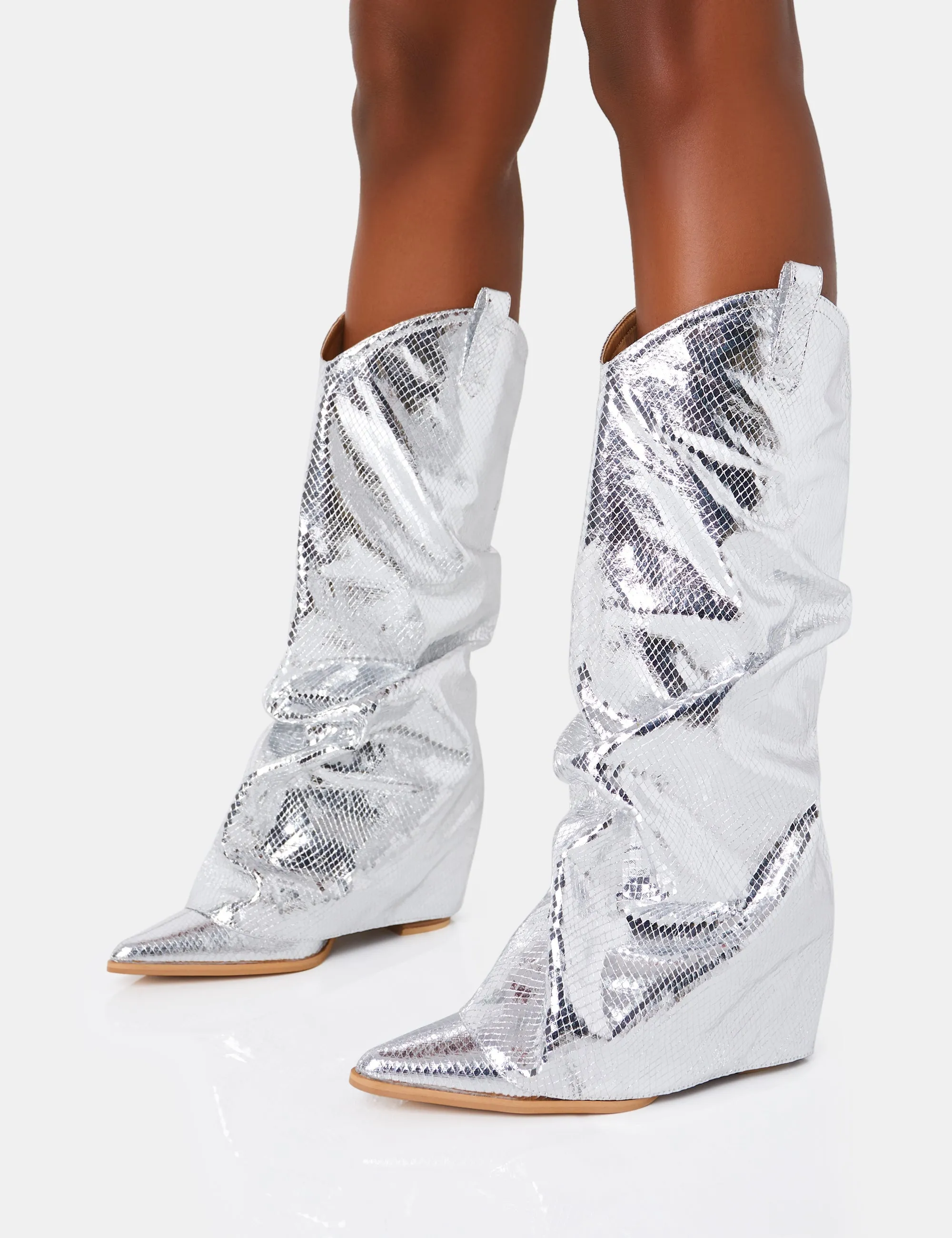 Steve Madden Boots Sheriff Silver Metallic Snake Pu Western Inspired Fold Over Pointed Toe Block Cowboy Knee High Boots