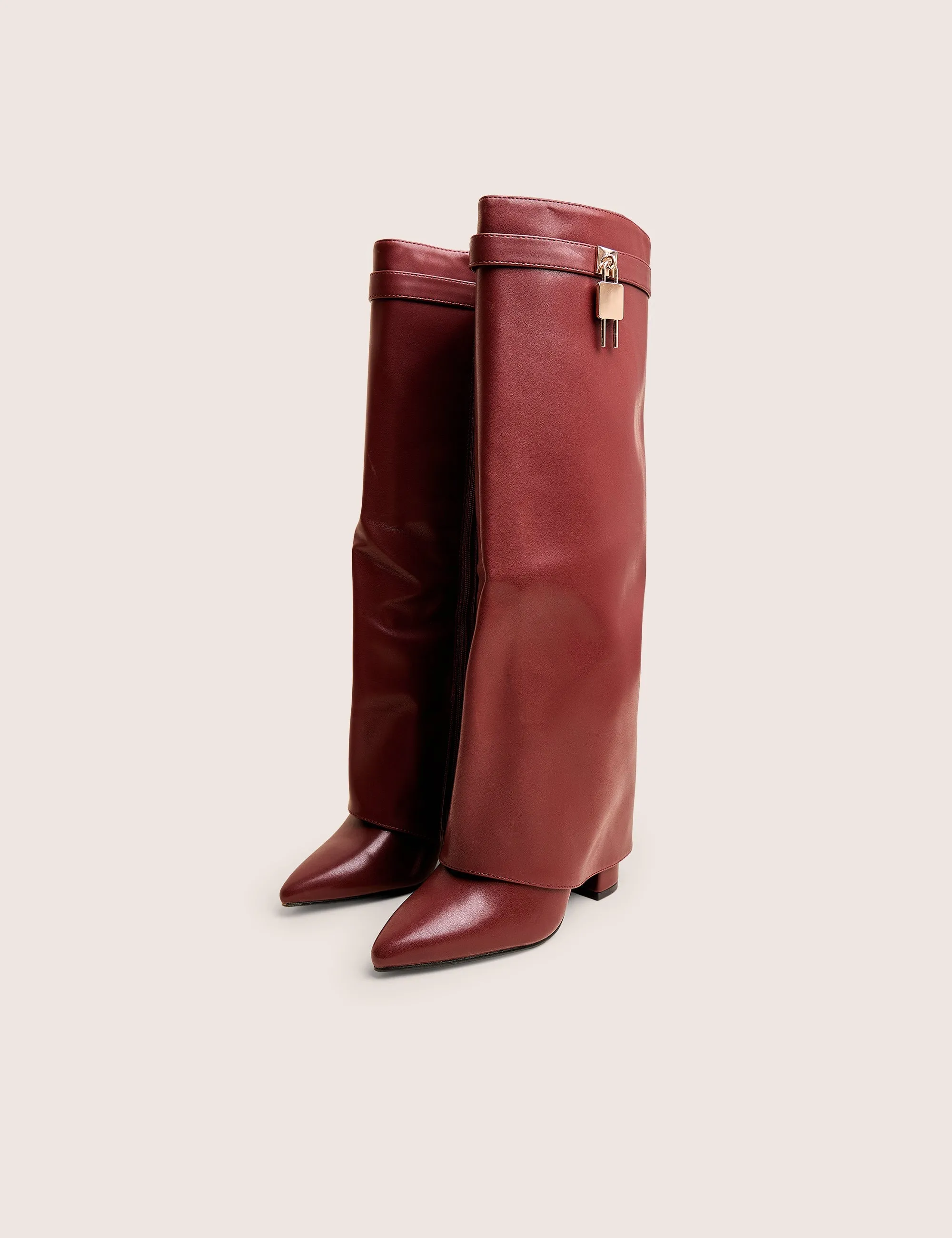 Reese Burgundy Fold Over Pu Knee High Boots Open Toe Knee High Flat Boots