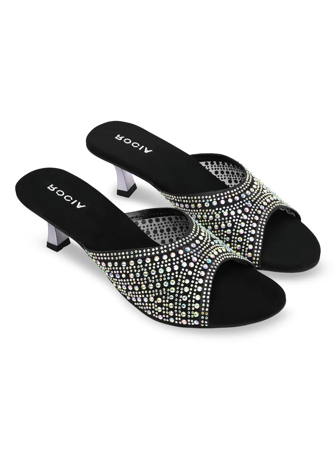 Rocia By Regal Black Women Diamante Mesh Slip On Stilettos Most Comfortable High Heels For Dancing