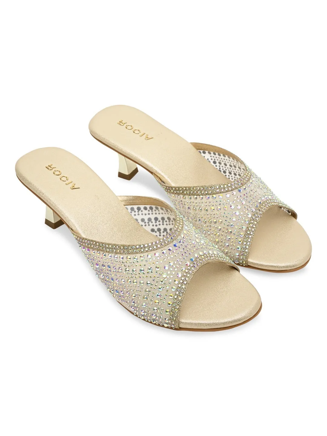 Rocia By Regal Gold Women Diamante Mesh Slip On Stilettos Knee High Small Heel Boots