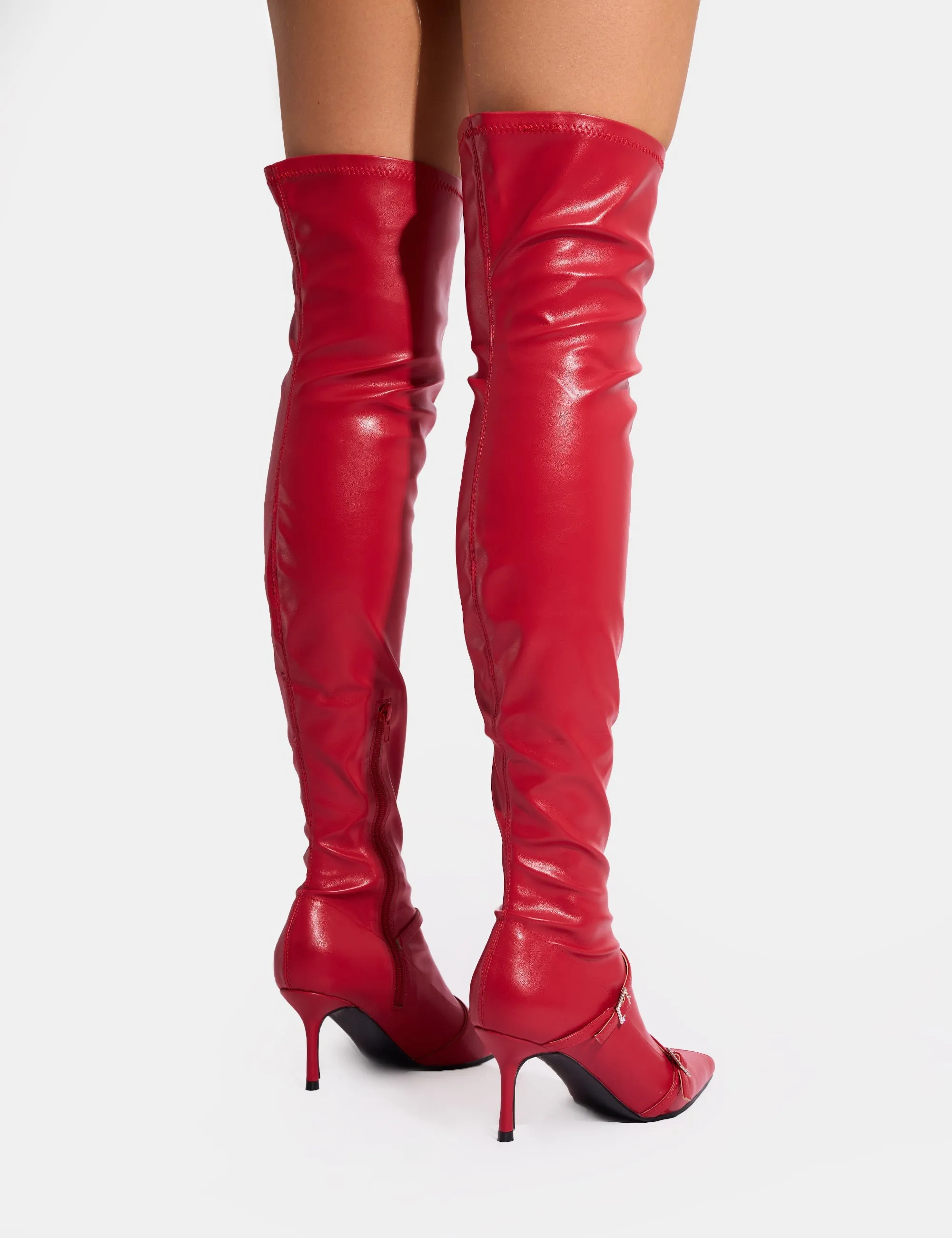 Knee High Boots With Wide Toe Box Roulette Red Pointed Toe Diamante Buckle Mid Heel Over The Knee Sock Boots
