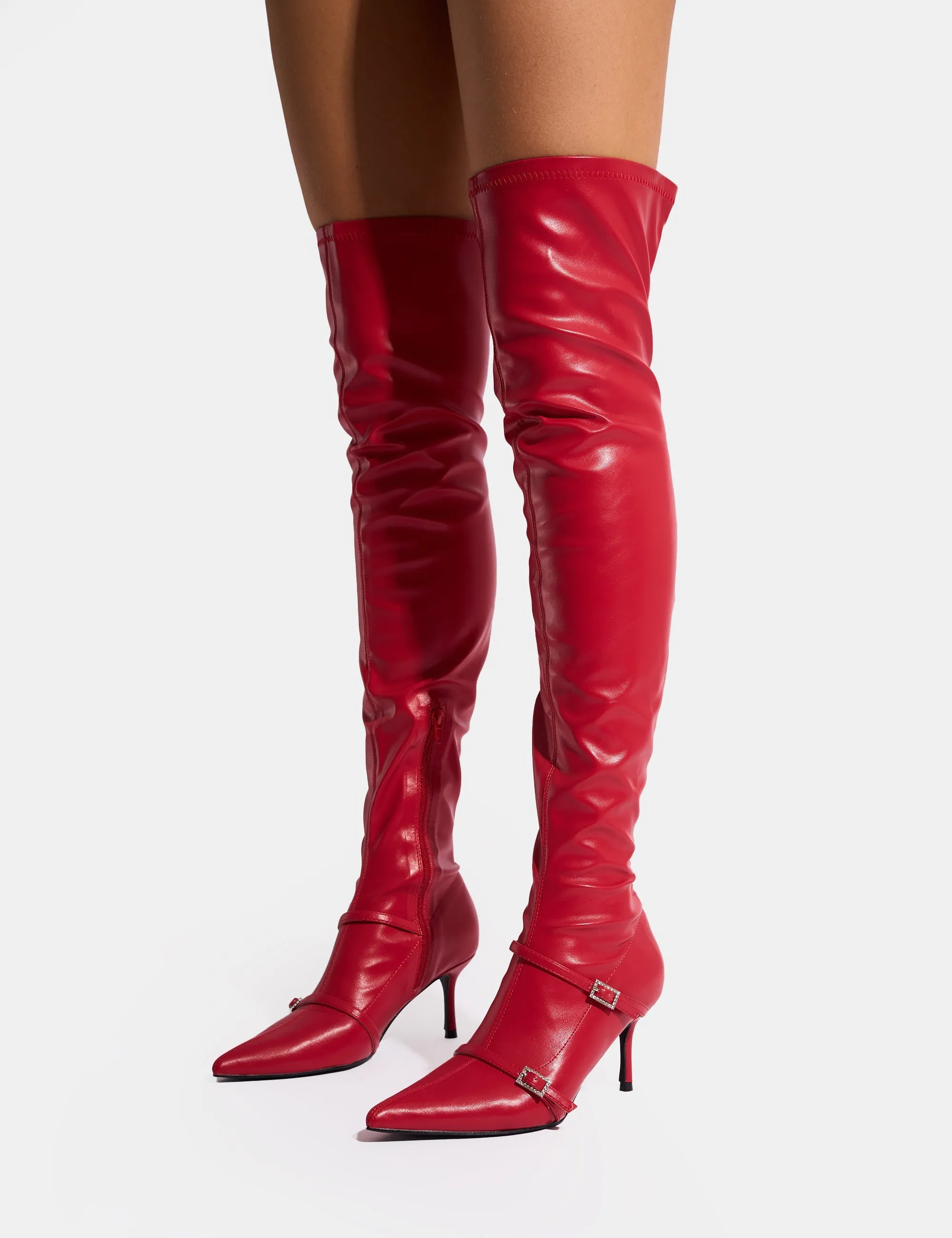 Knee High Genuine Leather Boots Roulette Red Pointed Toe Diamante Buckle Mid Heel Over The Knee Sock Boots