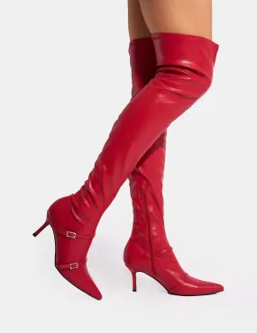 Best Knee High Boots For Tall Roulette Red Pointed Toe Diamante Buckle Mid Heel Over The Knee Sock Boots