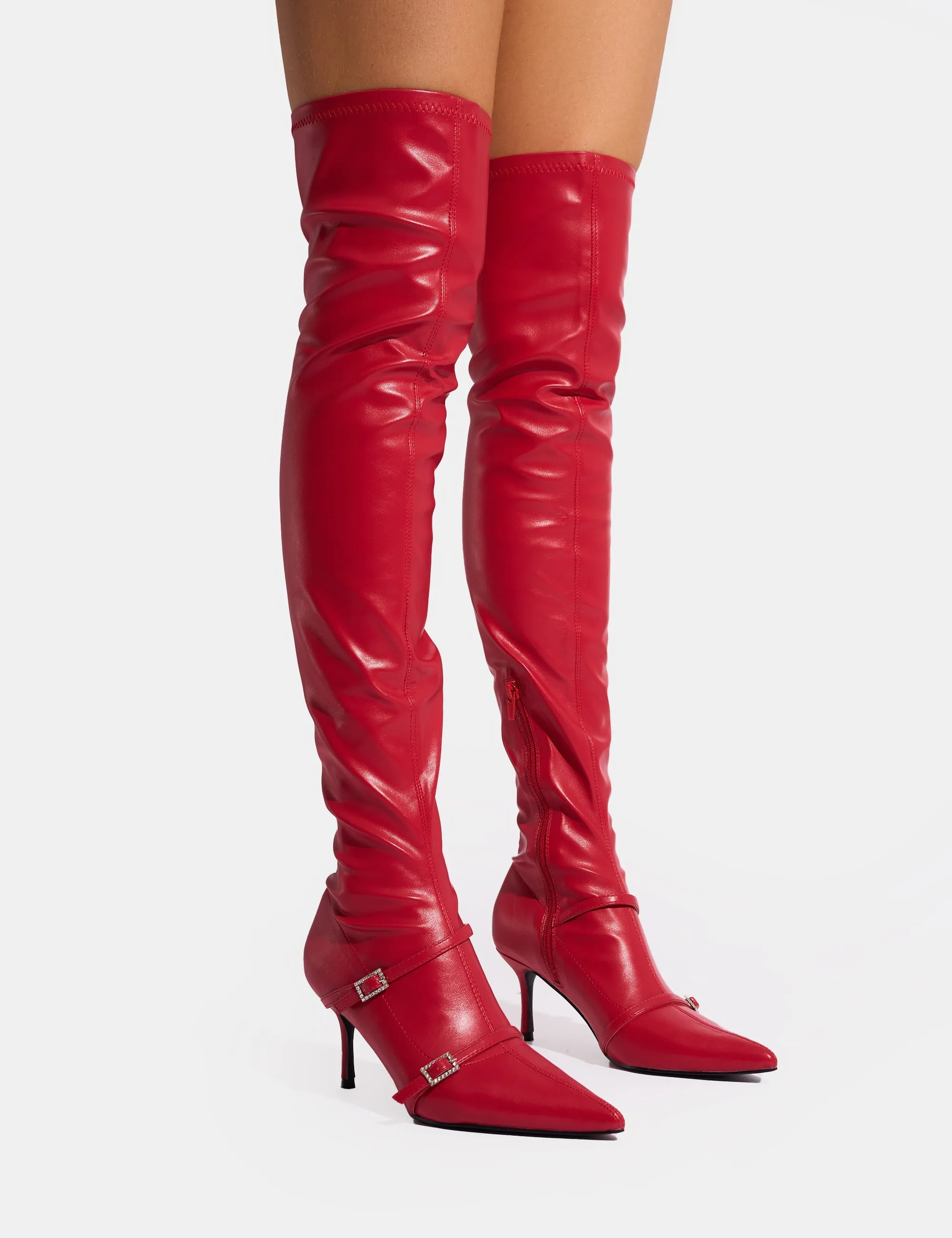 Roulette Red Pointed Toe Diamante Buckle Mid Heel Over The Knee Sock Boots Round-toe Stretchy Wool Knee-high Boots