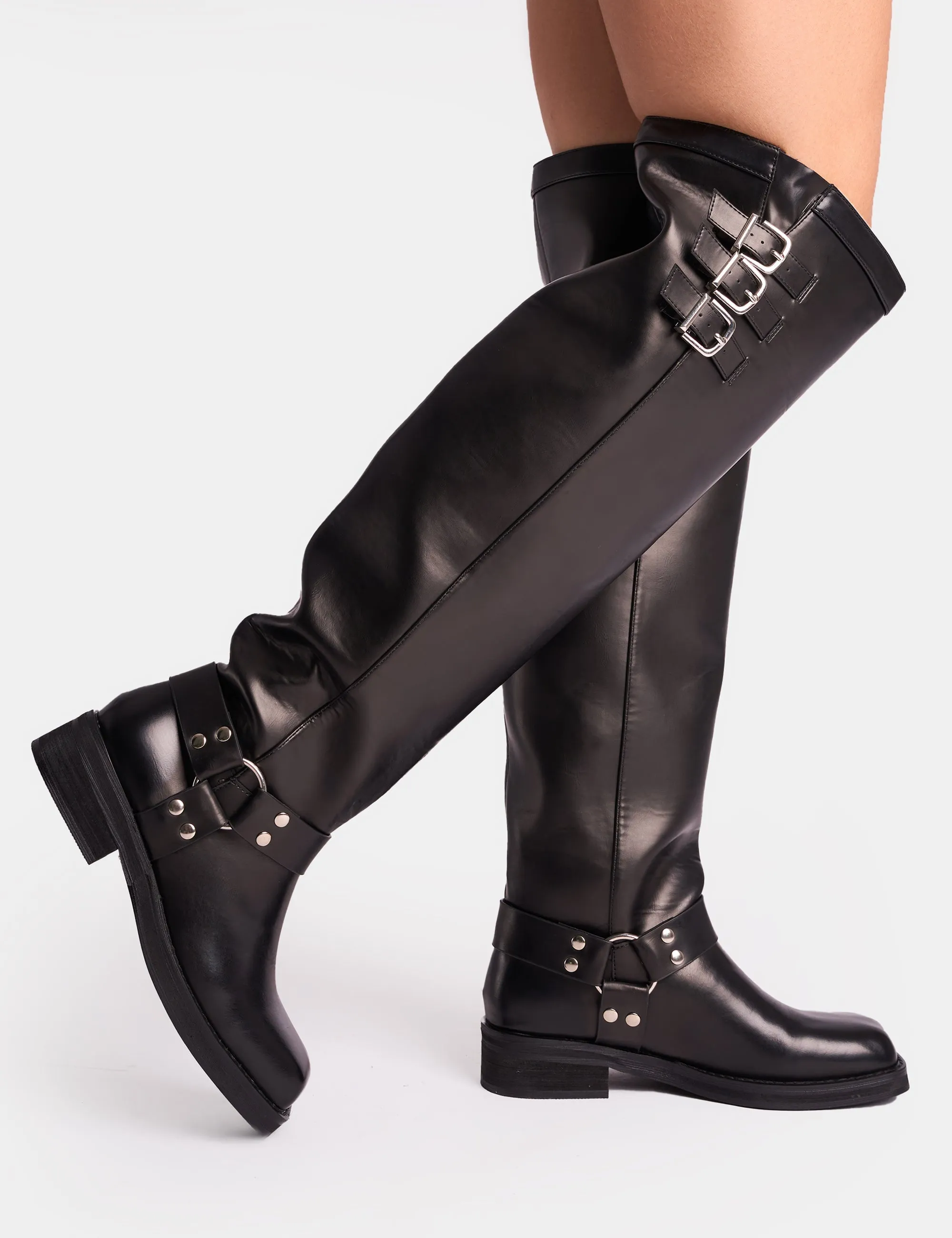 Sagittarius Vintage Black Buckle Detail Over The Knee Boots Leather Platform Knee High Boots