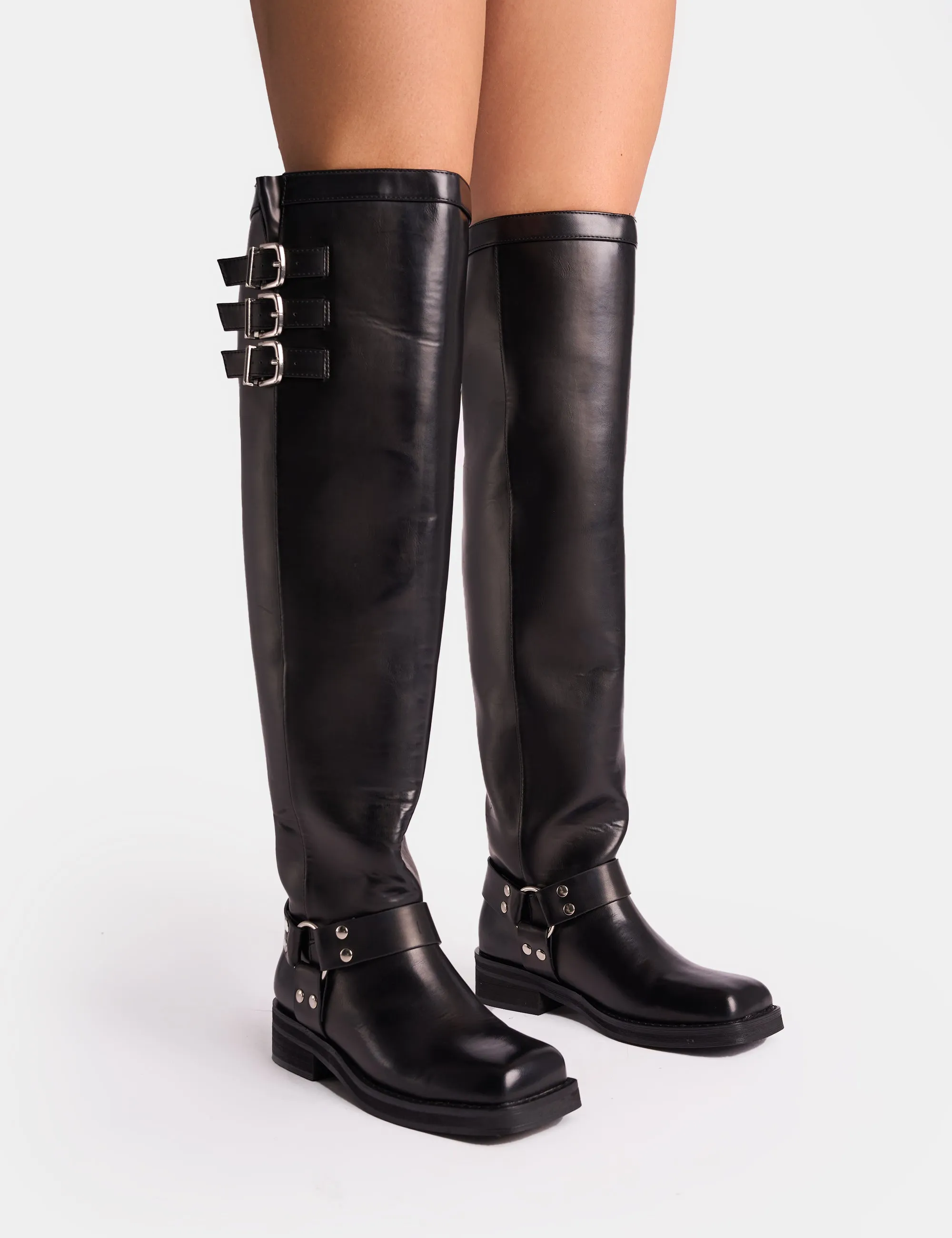 Sagittarius Vintage Black Buckle Detail Over The Knee Boots Knee High Ruched Boots