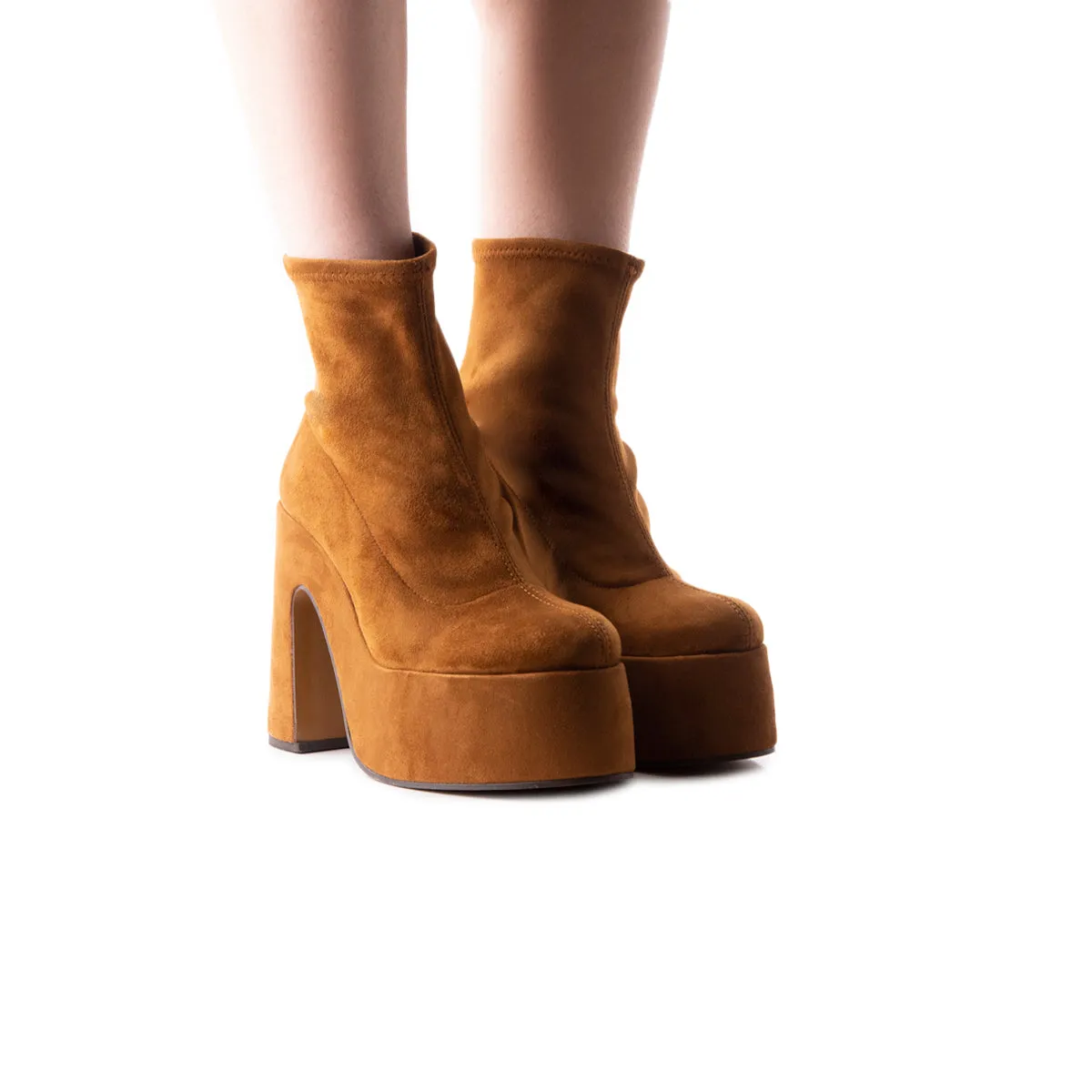 Flash Brown Suede Stretch Wide Fit Block Heel Ankle Boots