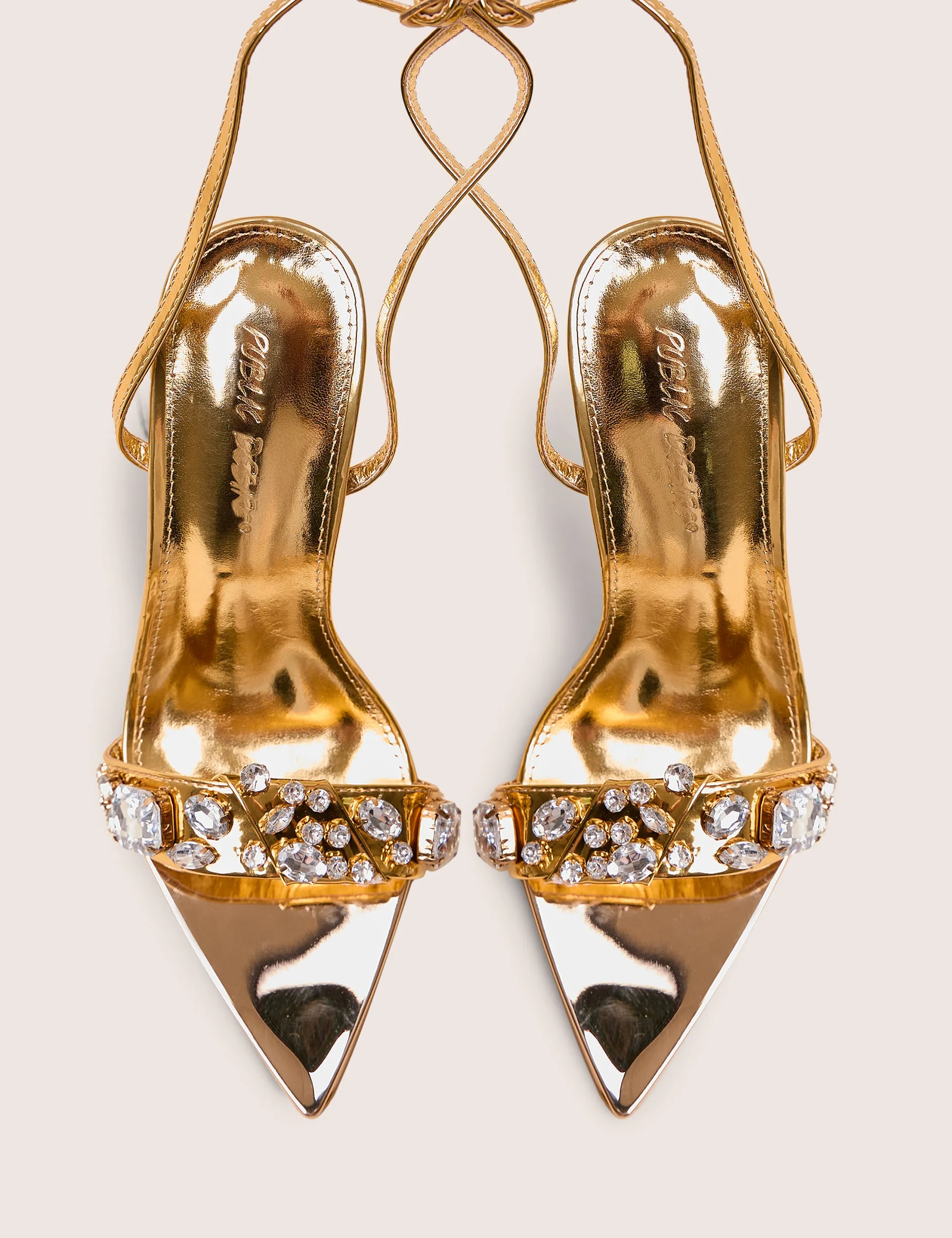 High Heel Emoji Icicle Wide Fit Gold Metallic Patent Extreme Jeweled Ankle Strap Pointed Toe Stiletto Heels