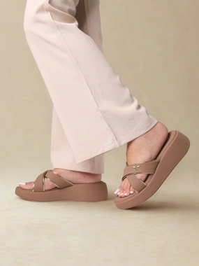 Anne Beige Wedge Heels Knee High Boots Thick Heel