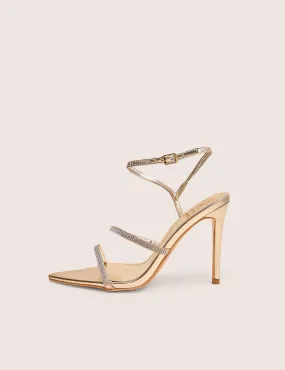 Seductive Gold Mirror Pu Diamante Strap Pointed Toe Stiletto High Heels Ballet Pointe High Heels