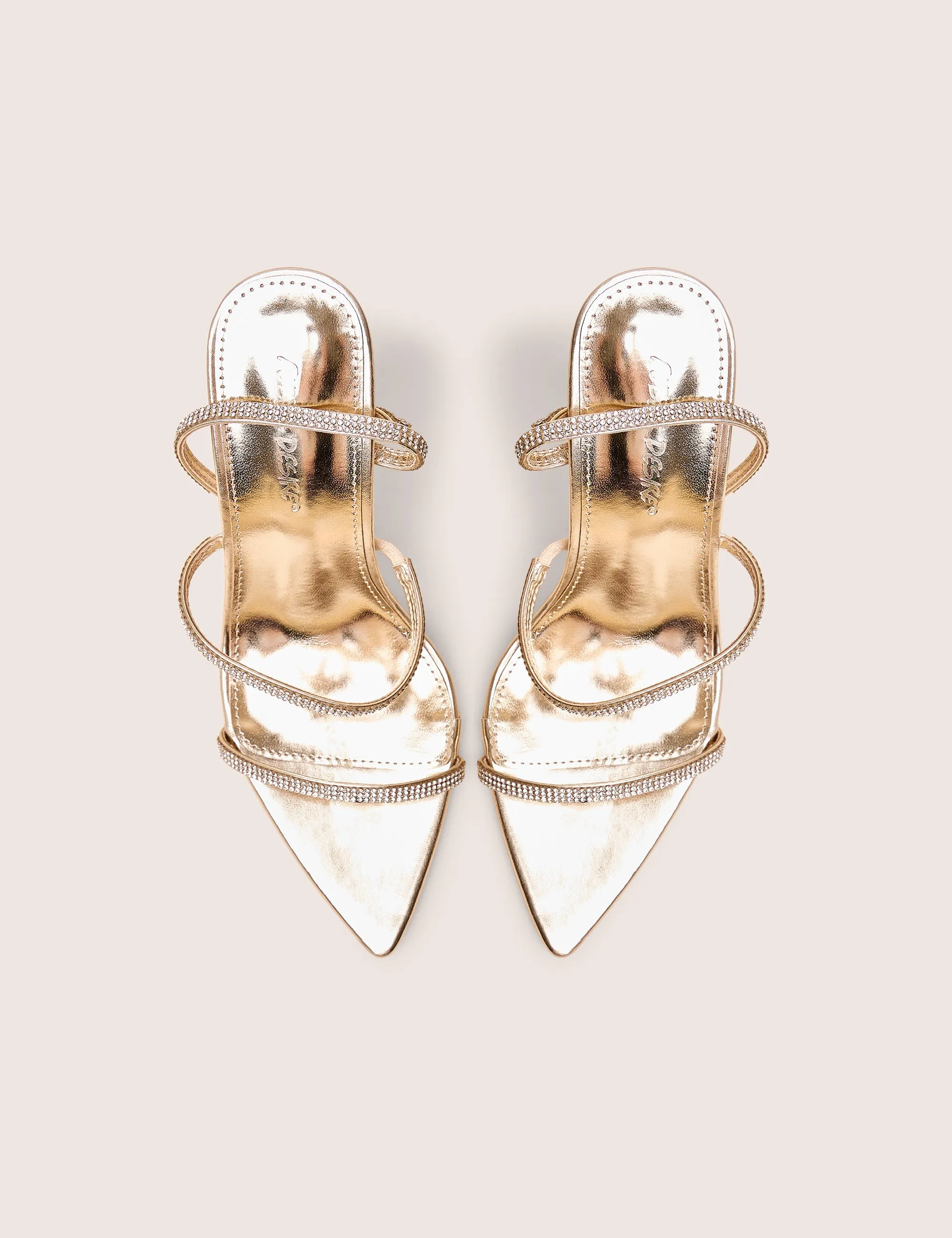 Seductive Gold Mirror Pu Diamante Strap Pointed Toe Stiletto High Heels Sequin Heels