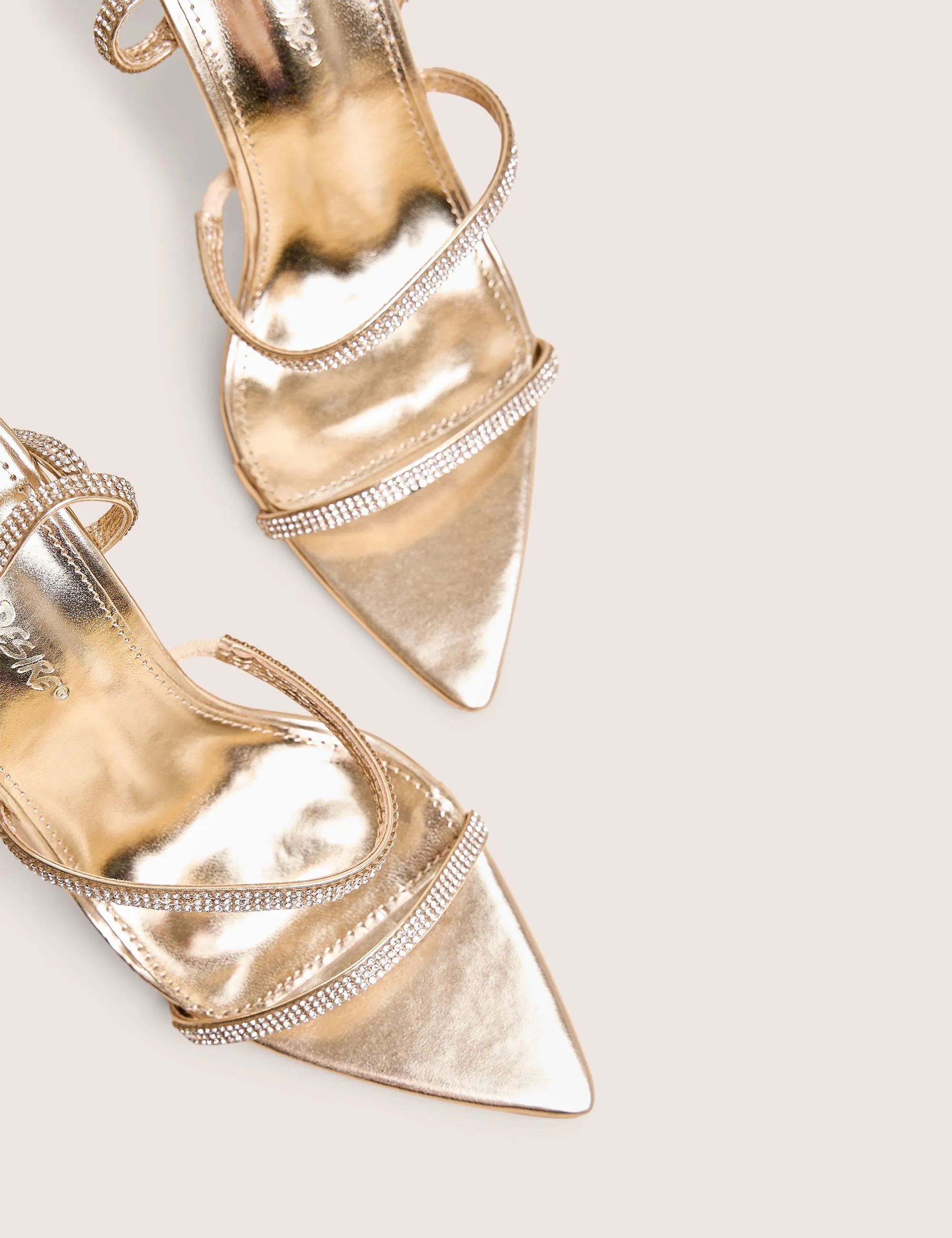 Seductive Gold Mirror Pu Diamante Strap Pointed Toe Stiletto High Heels Strappy Heel Sandals