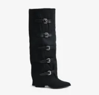 TAKE AIM Black Faux Suede Cowboy Sleeve Boot - Western Cowboy Styling With Buckle Detail Roofer Boots