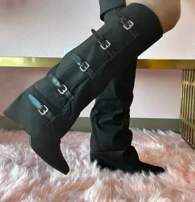 Louis Vuitton Cowboy Boots TAKE AIM Black Faux Suede Cowboy Sleeve Boot - Western Cowboy Styling With Buckle Detail