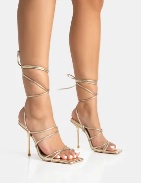 Bikini High Heels Holly Gold Metallic Strappy Tie Up Square Toe Stiletto Heels