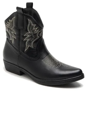 BLACK COWBOY BOOTS GOLD EMBROIDED FLAT WESTERN ANKLE BOOTS Best Ankle Boots For Big Calves