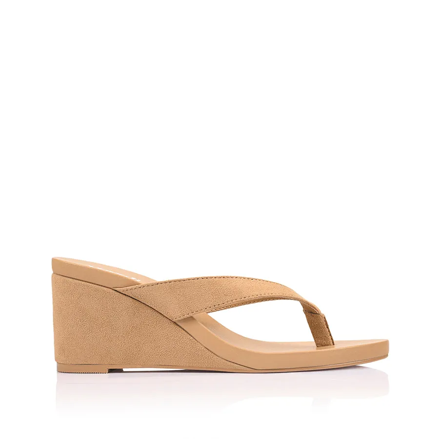 Modern High Heels Polly Thong Wedges - Camel Tan Micro
