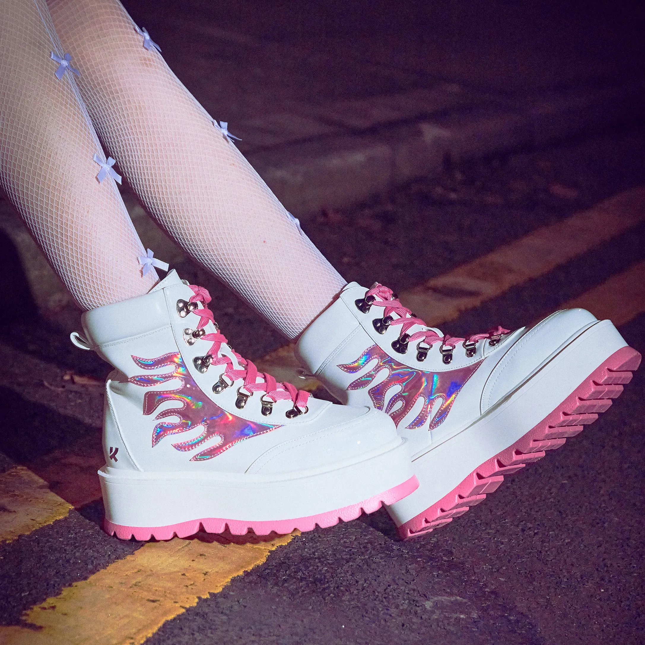 Ankle Boots With Pearl Heel Kawaii Helios Hologram Flame Boots - Pink