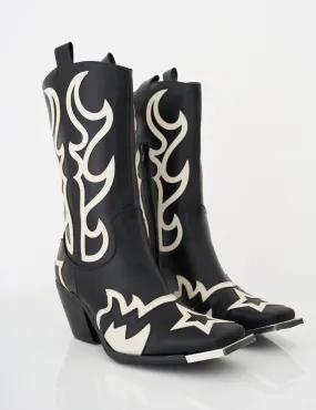 Starrie Black Pu Metal Square Toe Heeled Cowboy Ankle Boots Bling Cowboy Boots
