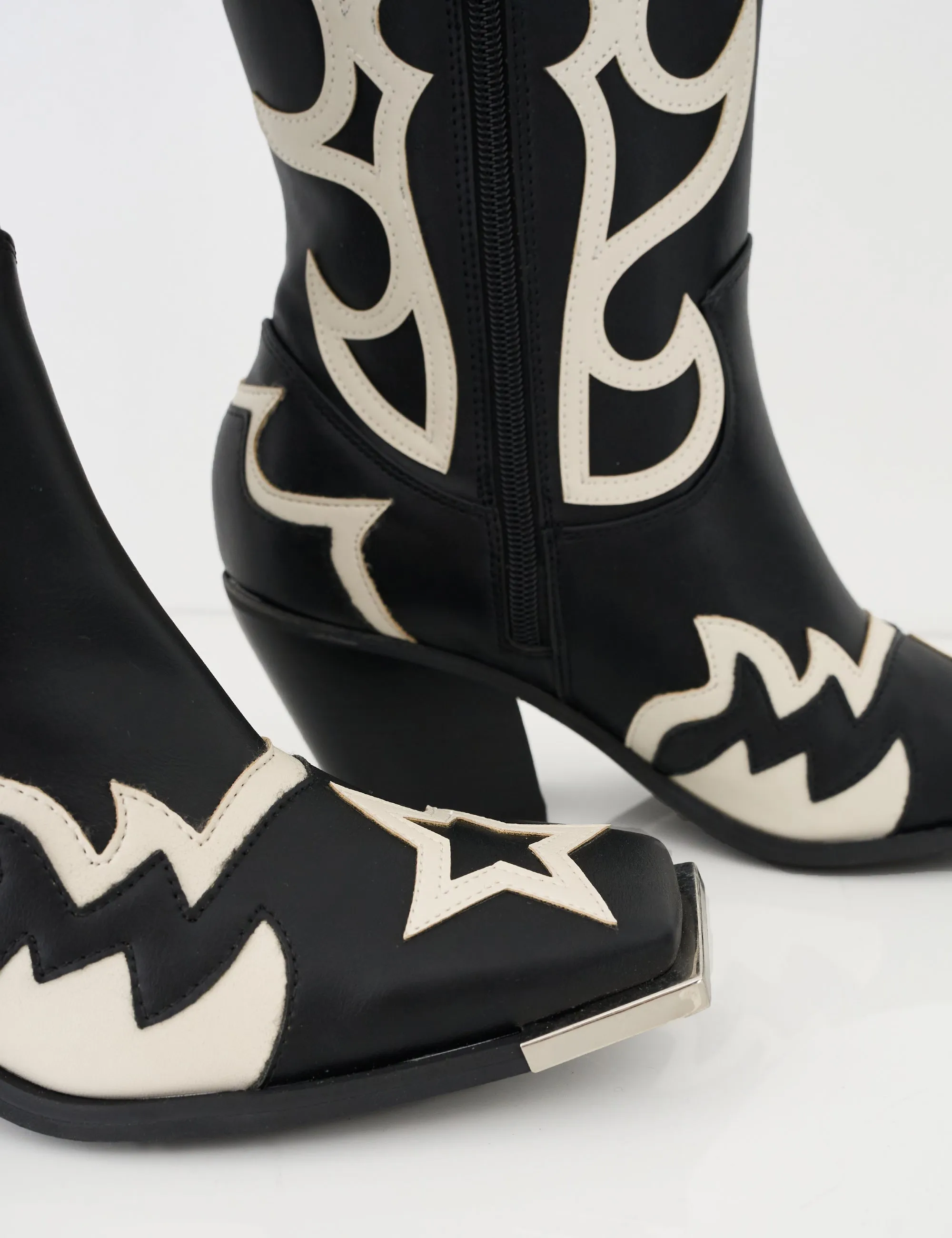 Winter Snow Boots Sale Starrie Black Pu Metal Square Toe Heeled Cowboy Ankle Boots