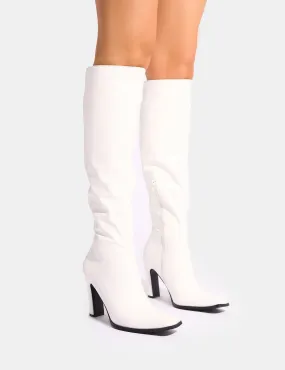 Acquilla White Knee High Flared Boots Waterproof Leather Knee High Boots