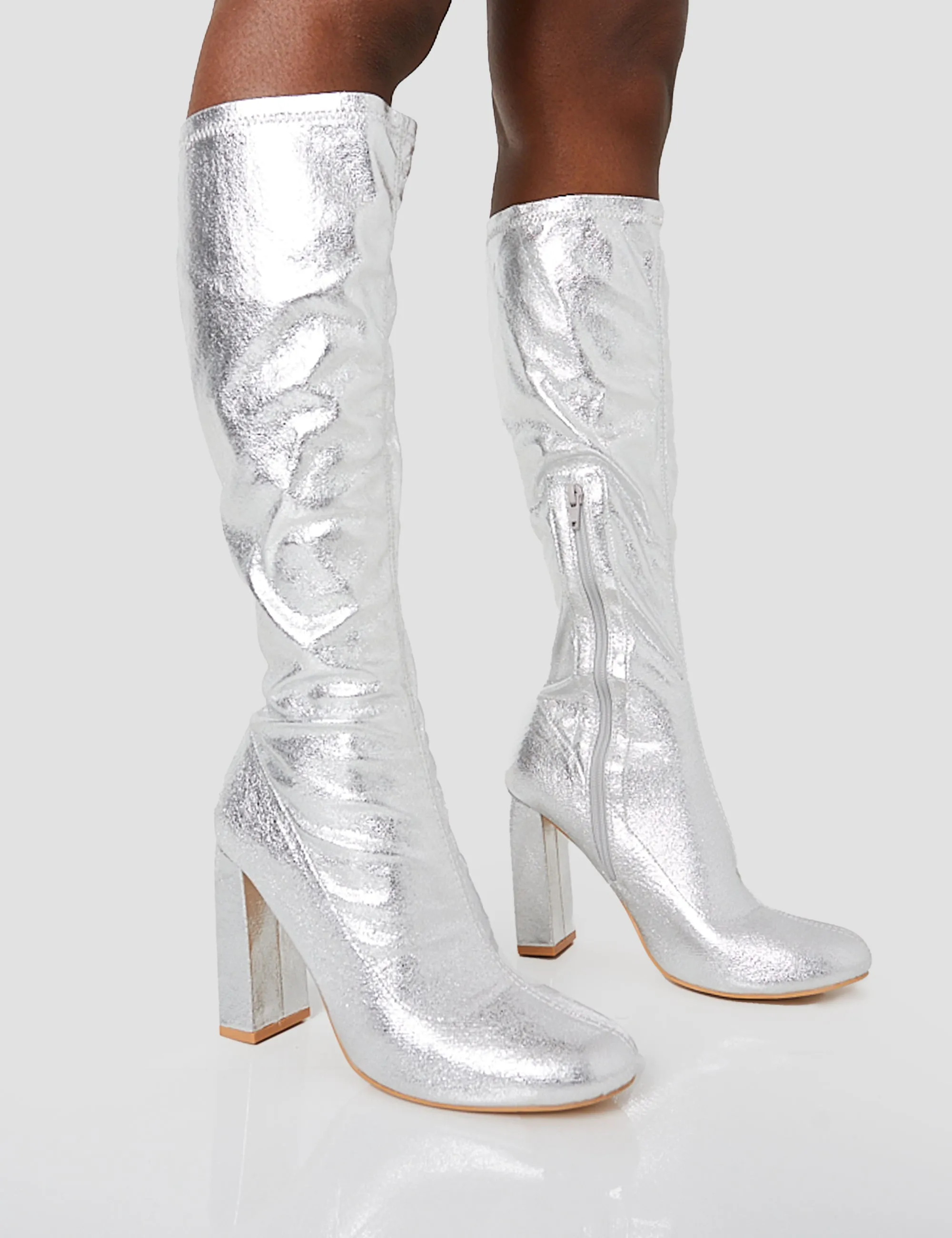 Knee High White Cowboy Boots Christina Silver Grain Pointed Toe Block Heel Knee High Boots