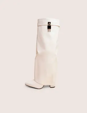 Reese White Fold Over Pu Knee High Boots Wedge Knee High Leather Boots