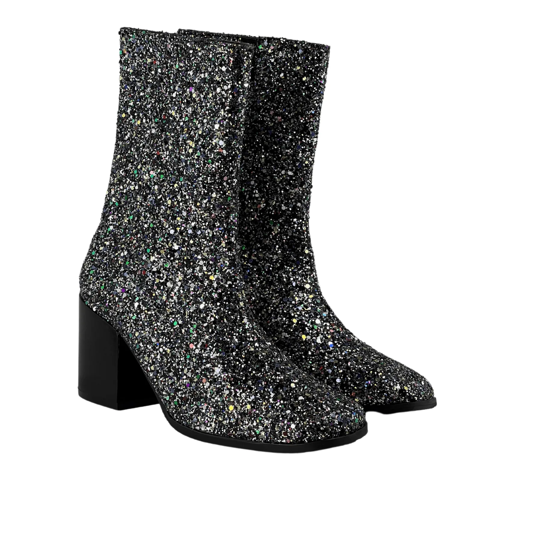 'Menos' vegan mid-calf boot by Zette Shoes - silver glitter Flat Leather Ankle Boots