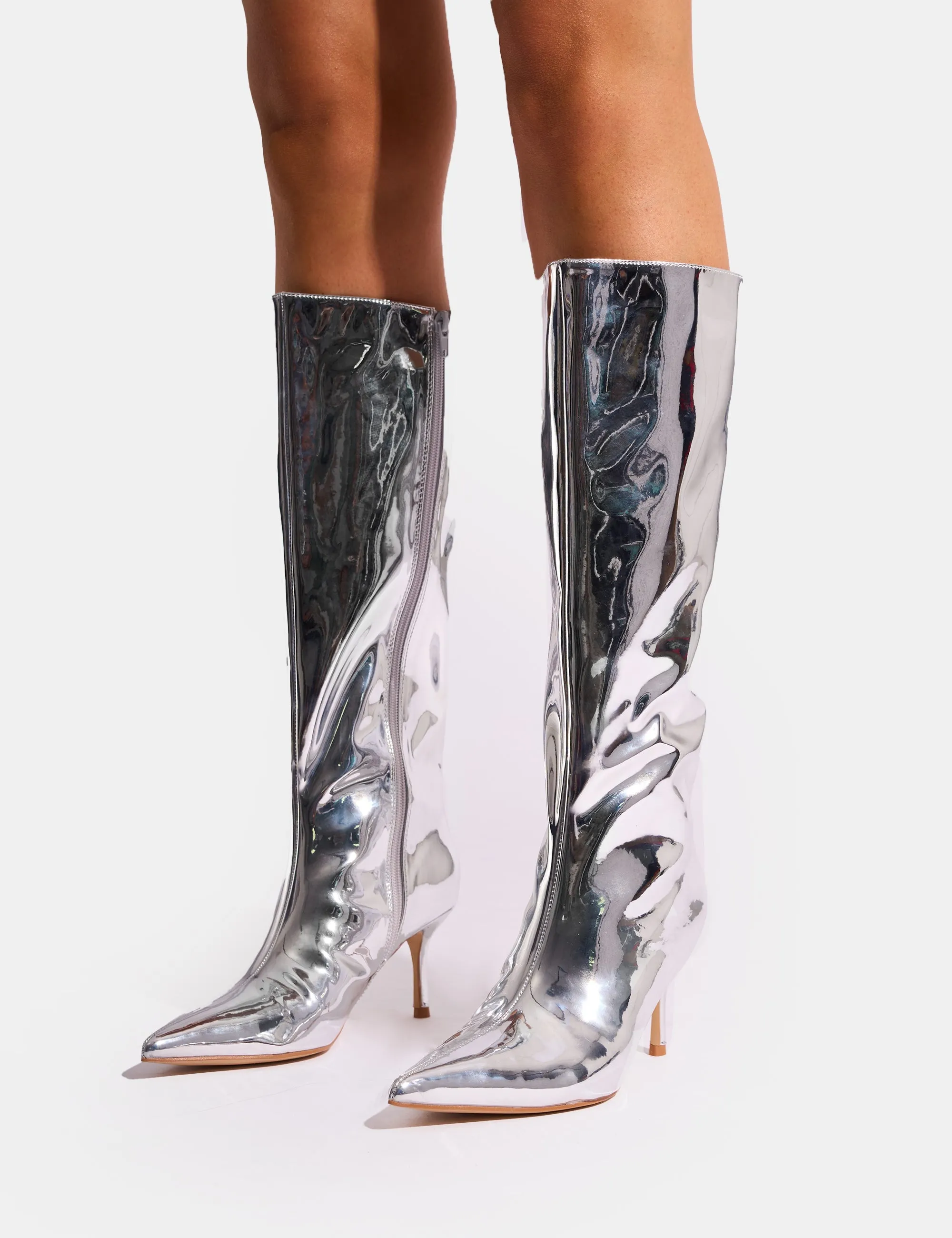 Knee High Summer Boots Amped Mirror Silver Pointed Toe Mid Heel Knee High Boots
