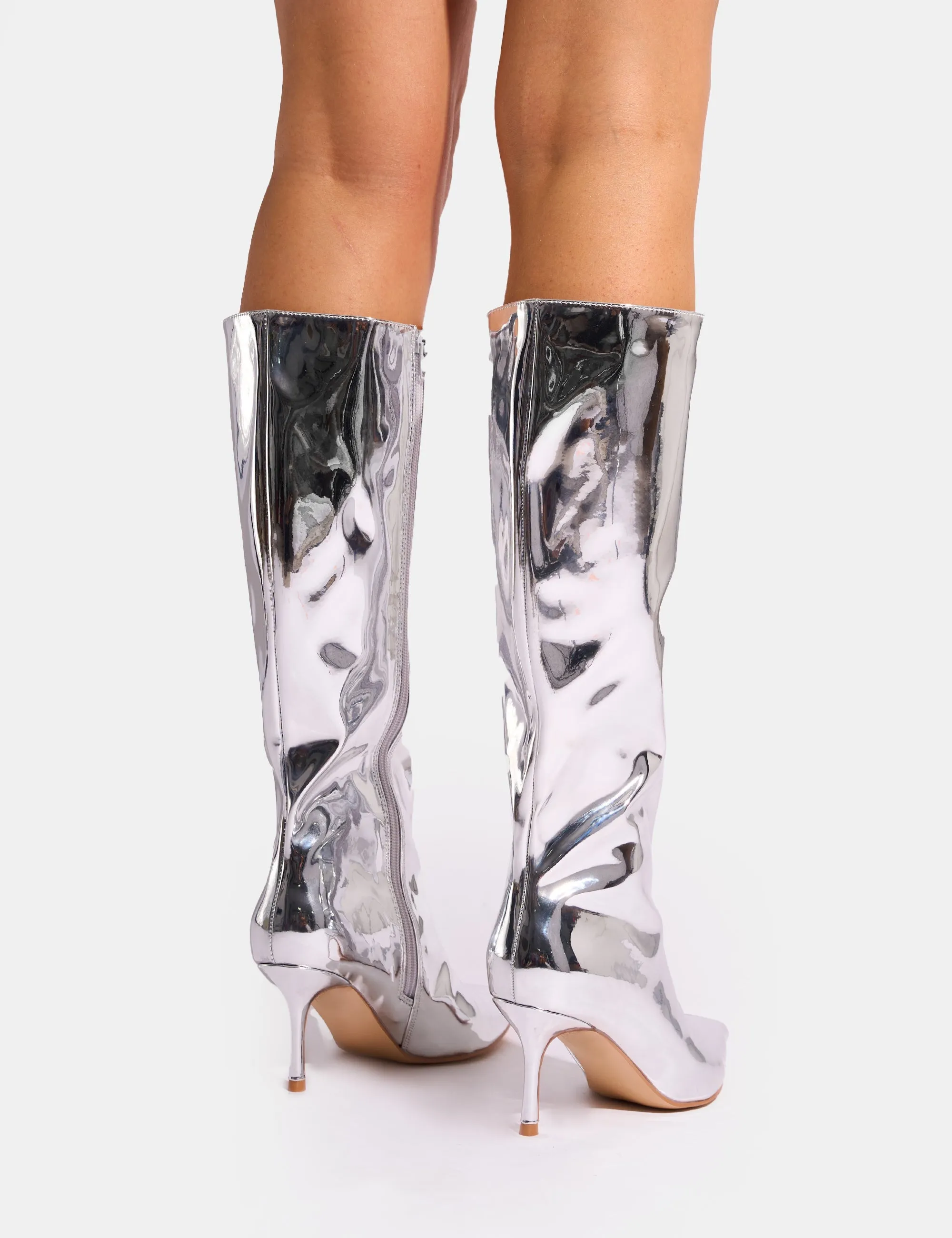 Amped Mirror Silver Pointed Toe Mid Heel Knee High Boots Square Knee High Boots
