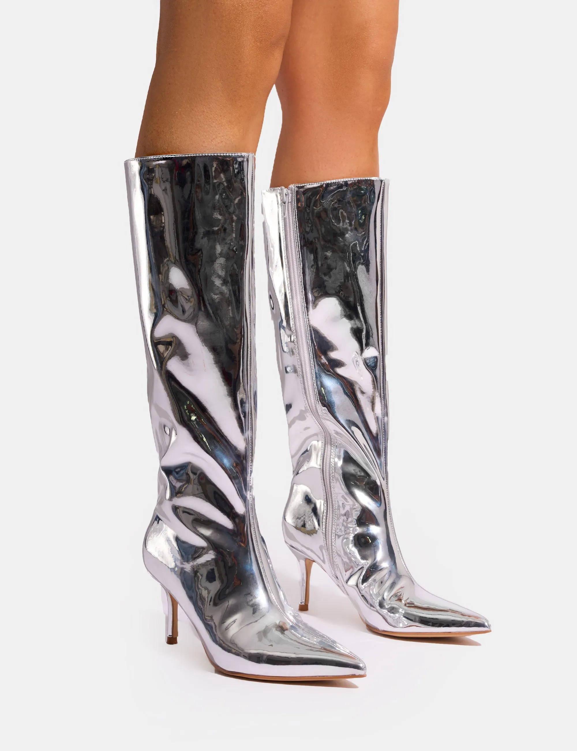 Suede Knee High Boots Flat Wide Calf Amped Mirror Silver Pointed Toe Mid Heel Knee High Boots