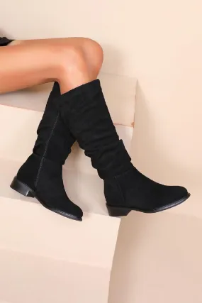 BLACK SUEDE KNEE HIGH FLAT SLOUCH BOOTS Knee High Boots With Inch Shaft