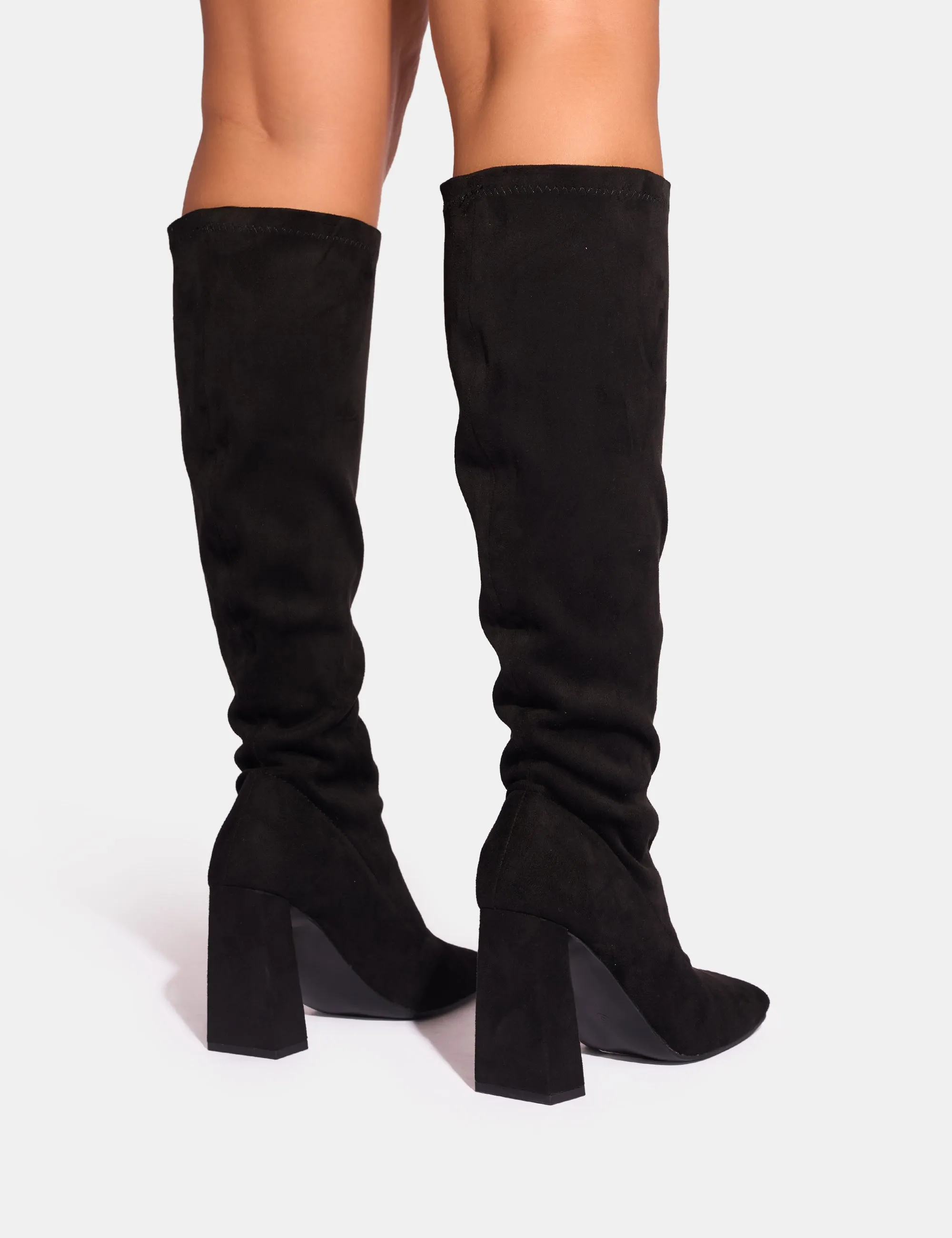 Audrina Black Suede Block Heel Knee High Sock Boots Hedda Knee High Boot