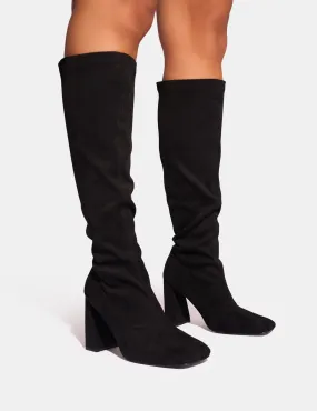 Leather Knee High Slouch Boots Audrina Black Suede Block Heel Knee High Sock Boots