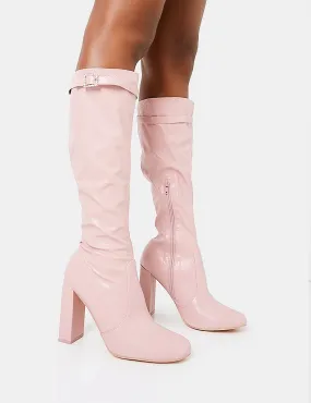Plus Size Knee High Flat Boots First Class Dusty Pink Pu Diamante Buckle Strap Detail Rounded Toe Knee High Block Heeled Boots