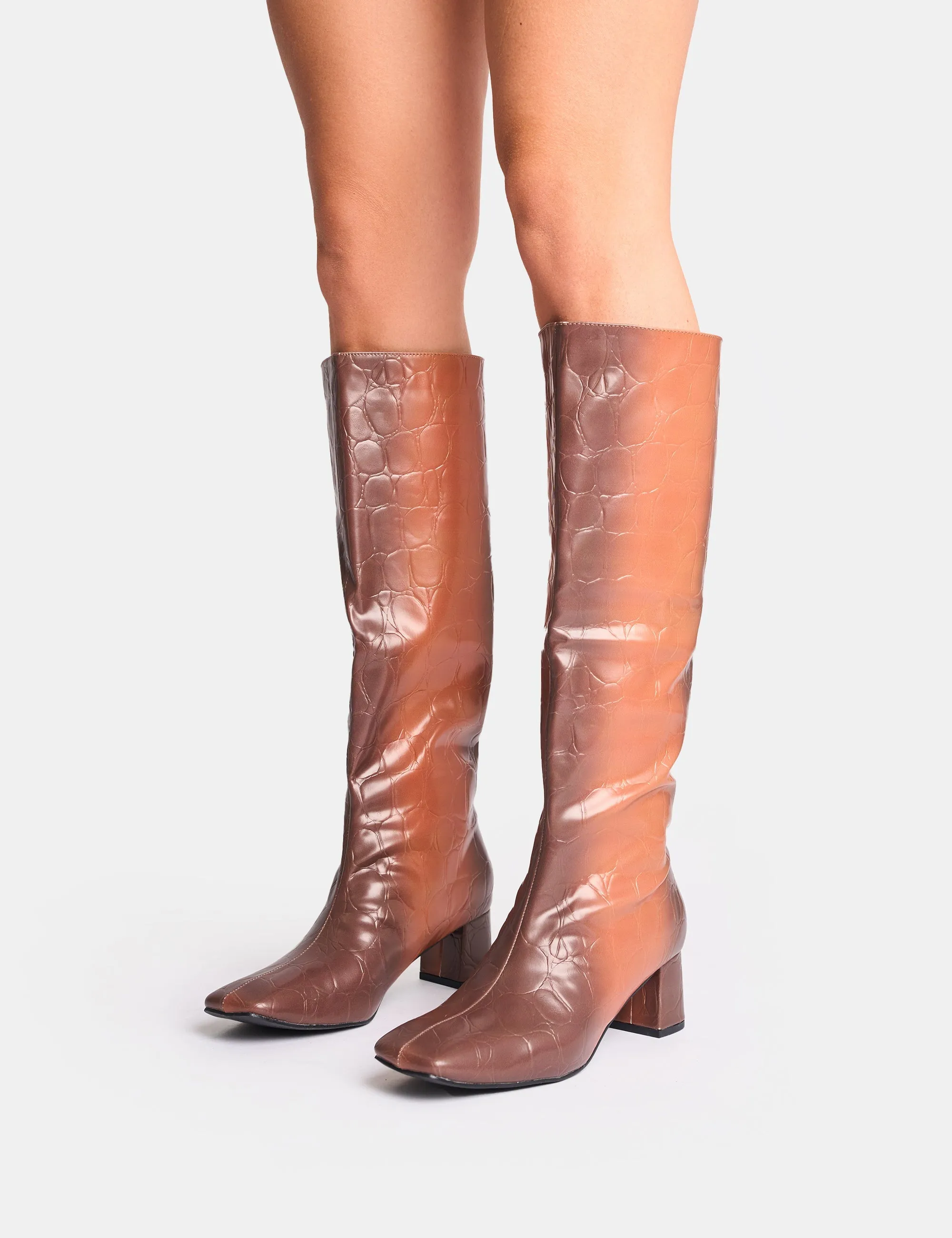 Chunky Sole Knee High Boots Tamira Brown Ombre Block Heel Knee High Boots