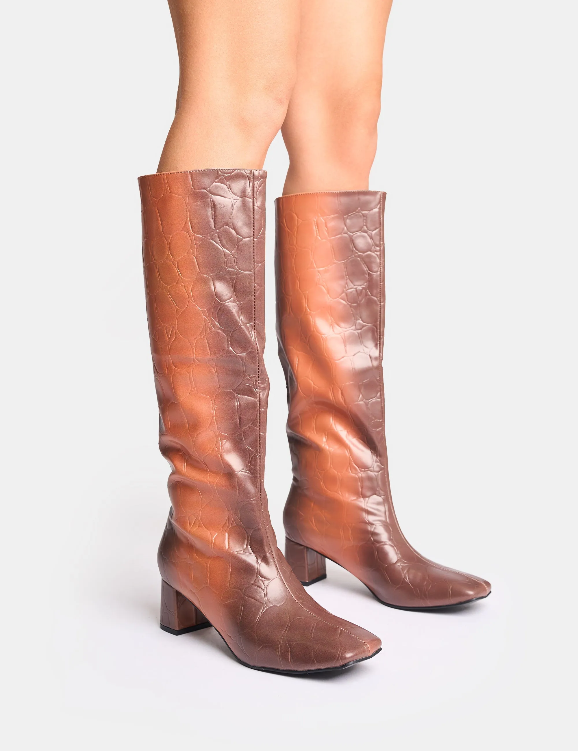 Knee High Fuzzy Boots Tamira Brown Ombre Block Heel Knee High Boots