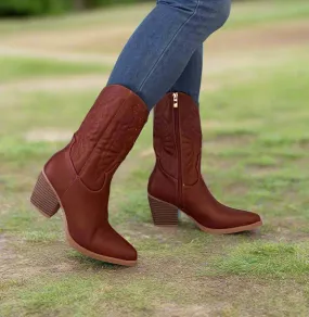 Expensive Boots TEXAS-02 Camel Tan Vegan Leather Mid-Calf Cowboy Boot