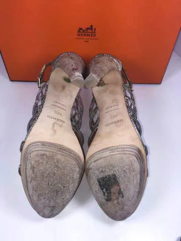 Top quality Hermes Lizard Granit Wooden Heels with Box Size 37 1/2 High Heel Support