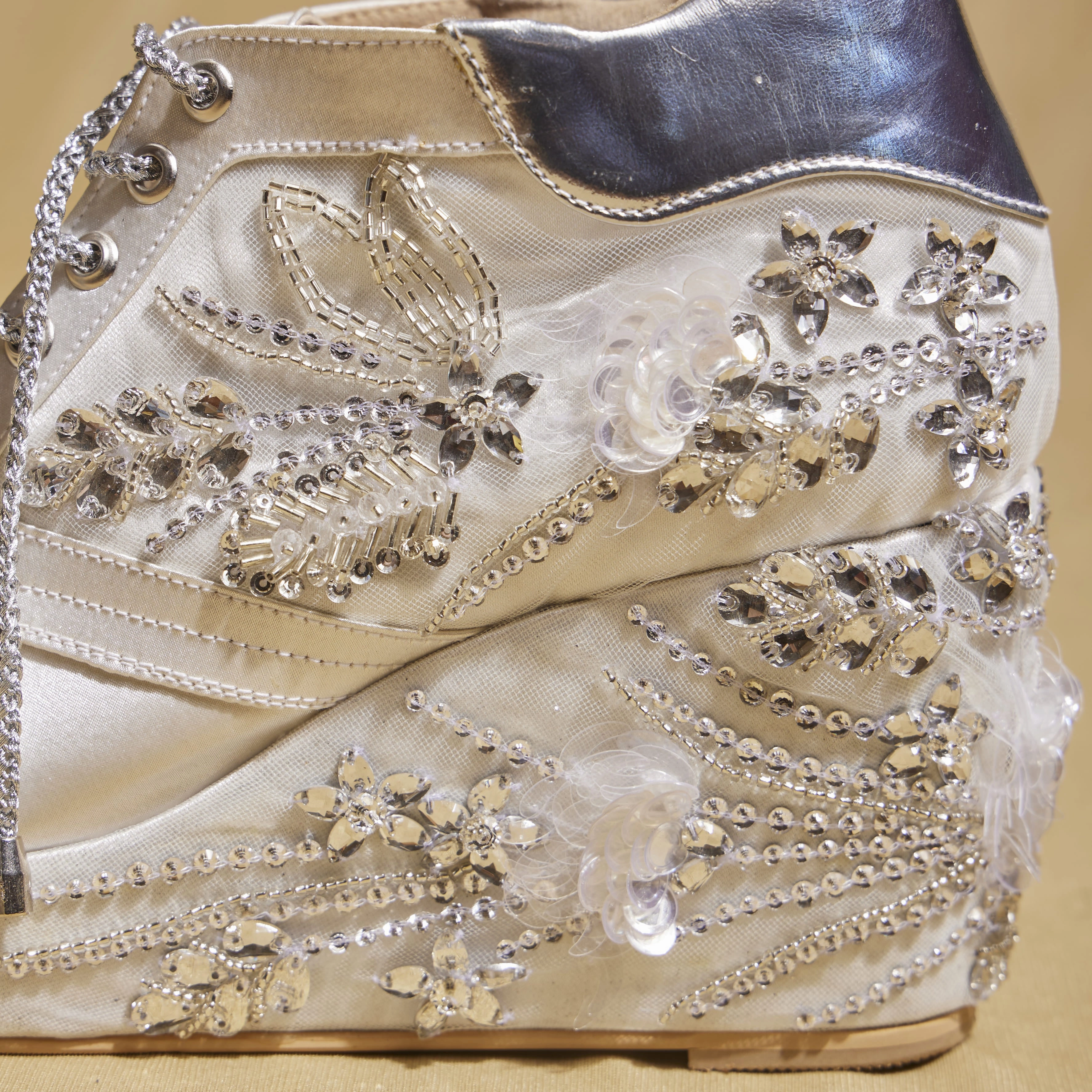 White Diamond Wedge Sneakers  3 to 3.5 Inch Heel with Hand Embroidery  | Customisable Shoe Dept High Heels