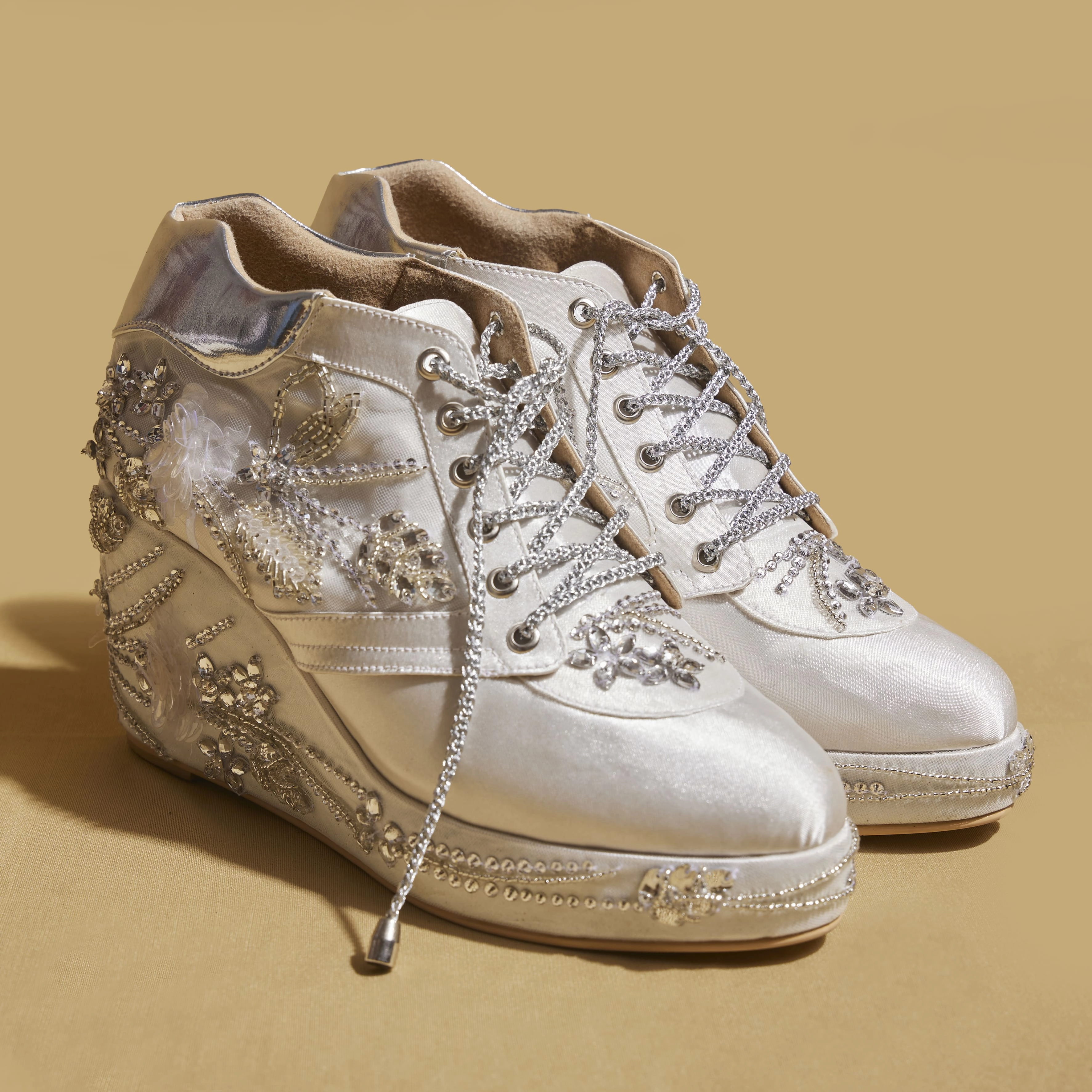White Diamond Wedge Sneakers  3 to 3.5 Inch Heel with Hand Embroidery  | Customisable High Heel Masterbation