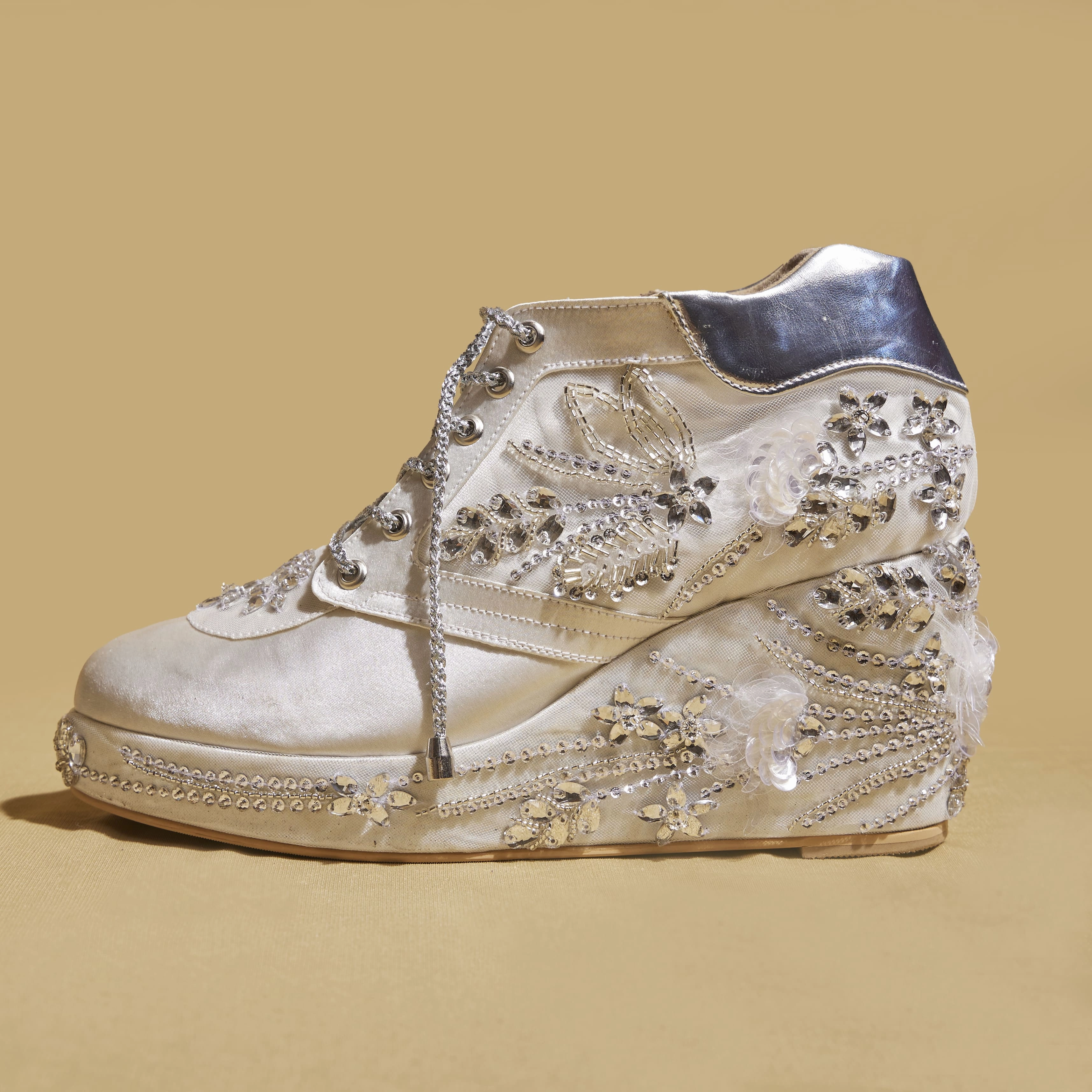 White Diamond Wedge Sneakers  3 to 3.5 Inch Heel with Hand Embroidery  | Customisable Foot High Heels