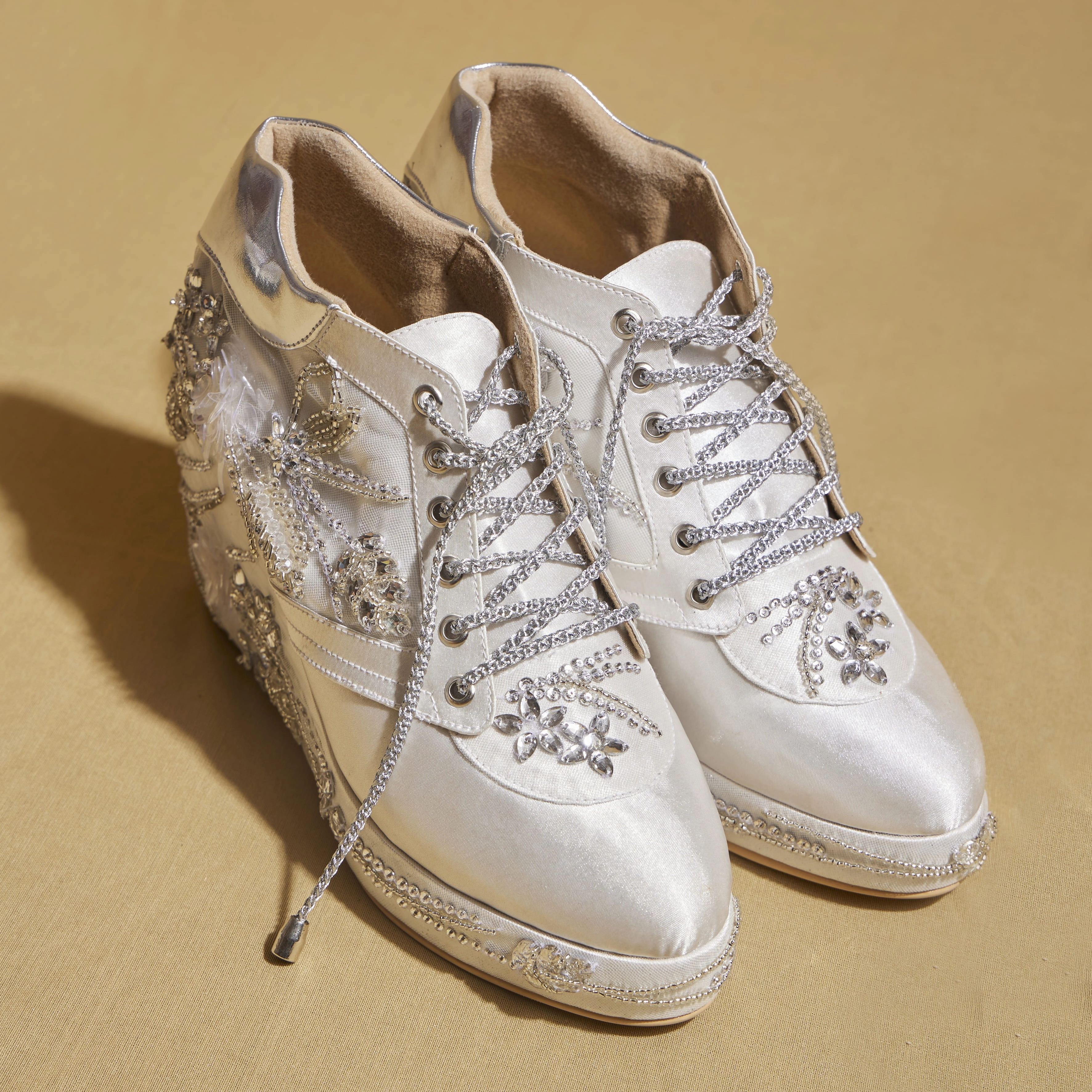 Hot Moms In High Heels White Diamond Wedge Sneakers  3 to 3.5 Inch Heel with Hand Embroidery  | Customisable