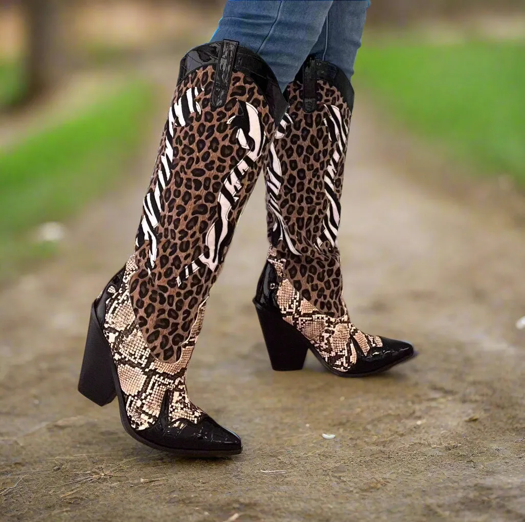 KARINE Black Brown Multi Faux Leopard Snake Zebra Cowboy Boot Boots For Heel Protection