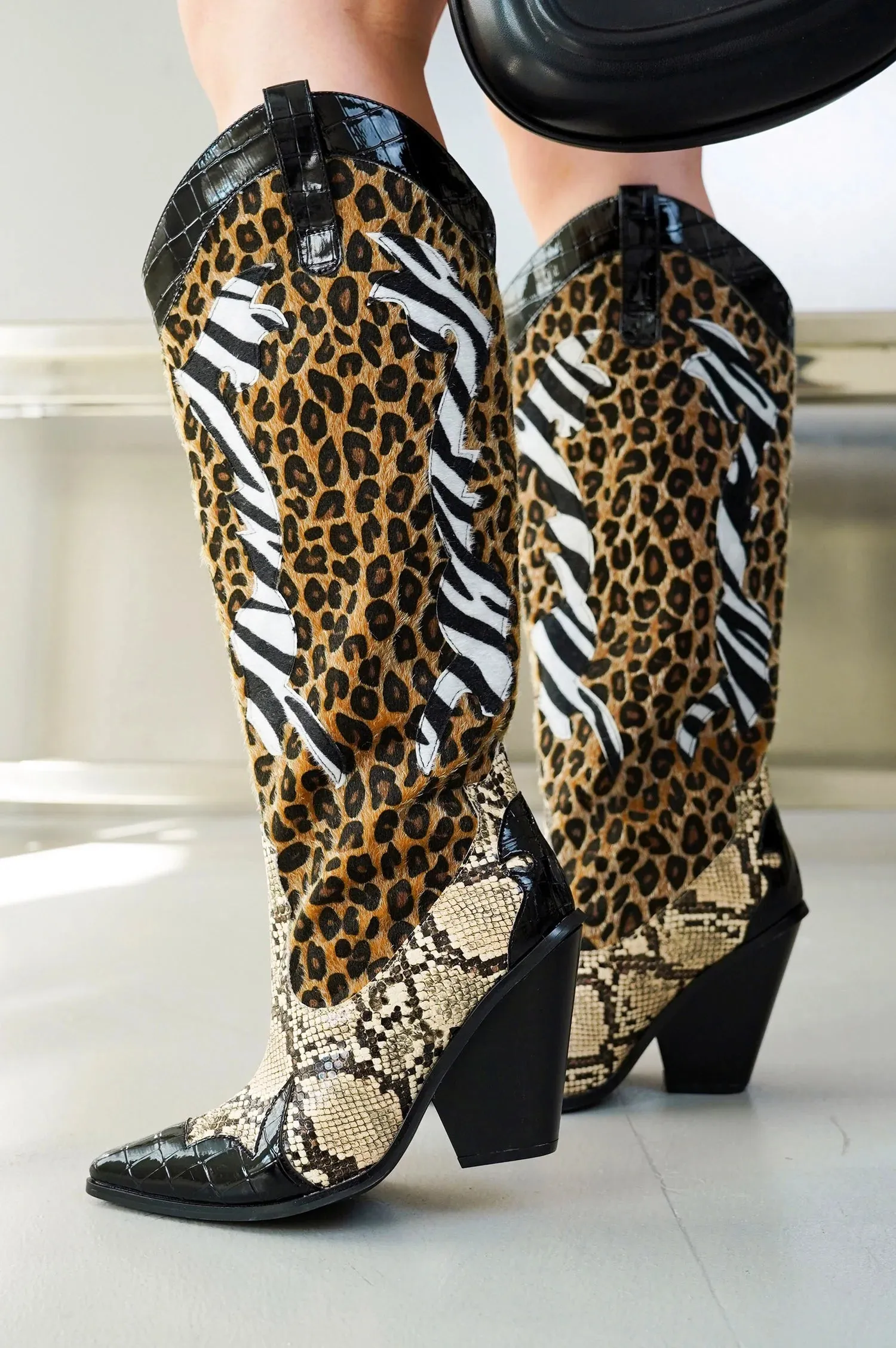 KARINE Black Brown Multi Faux Leopard Snake Zebra Cowboy Boot Wide Calf Knee High Boots