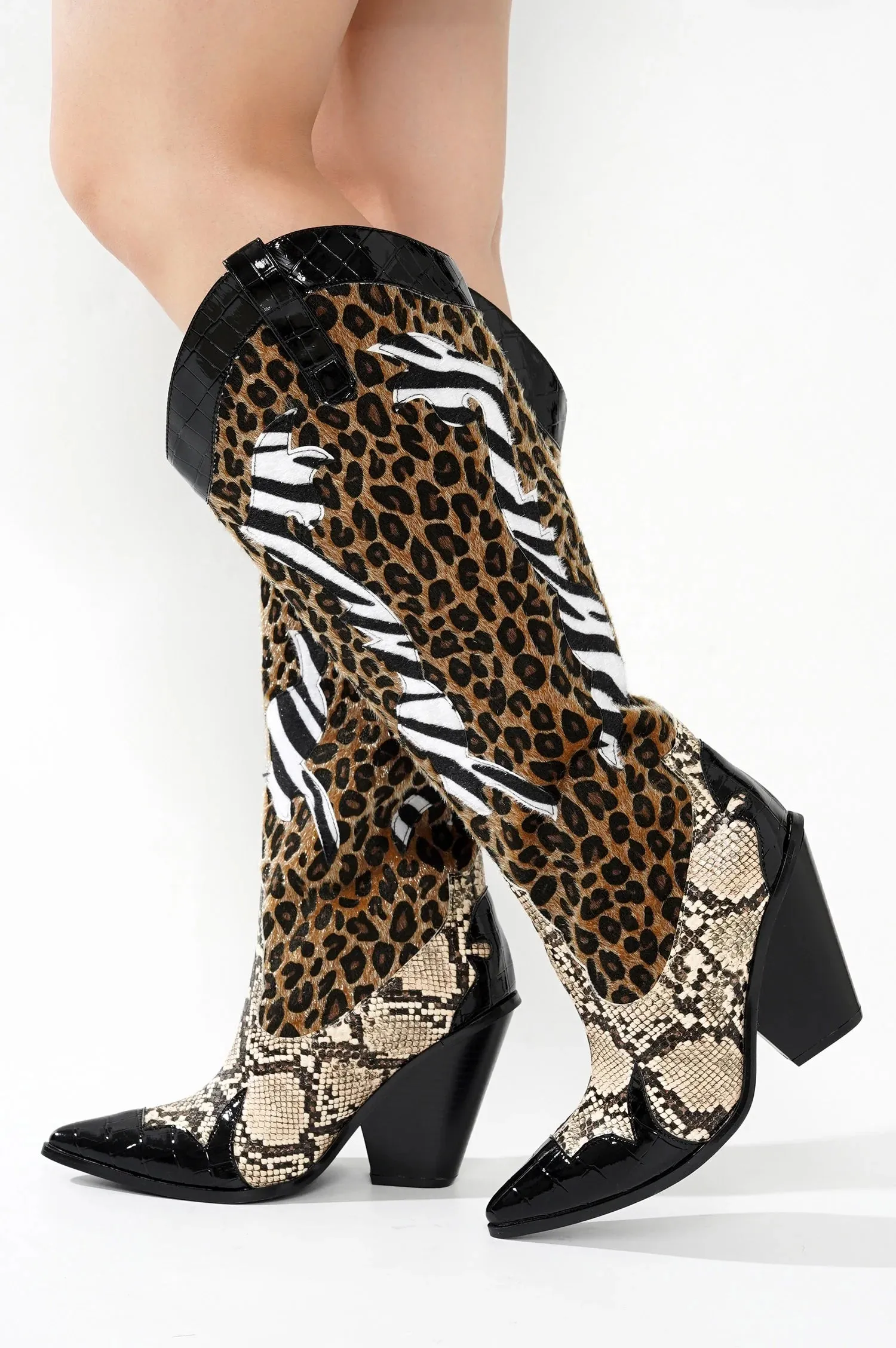 Head Over Boots KARINE Black Brown Multi Faux Leopard Snake Zebra Cowboy Boot