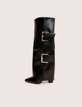 River Black Double Buckle Detail Pu High Knee Boots Knee High Desert Boots