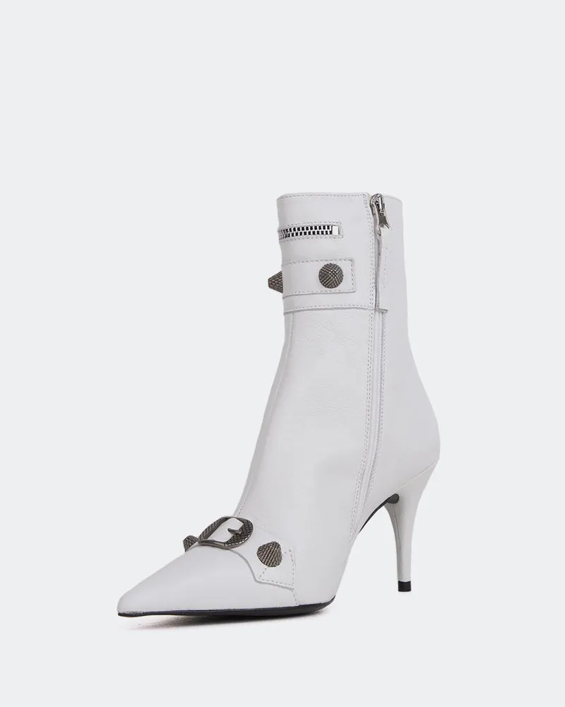 Minaj White Leather Lace Up Block Heel Ankle Boots