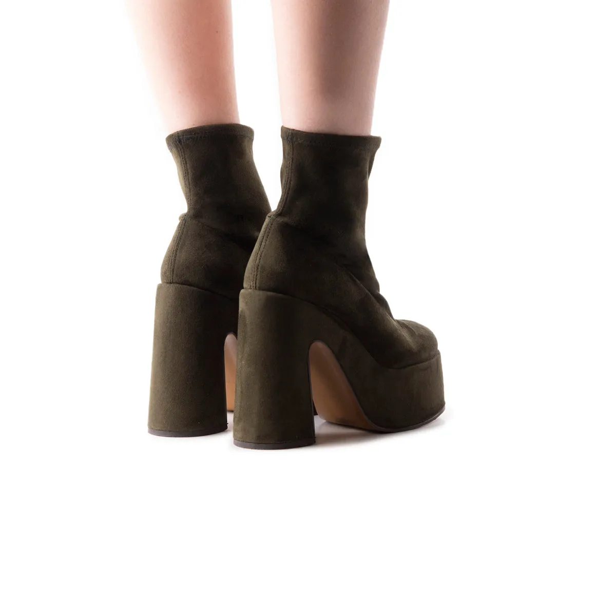 Chunky Sole Ankle Boots Flash Dark Green Suede Stretch